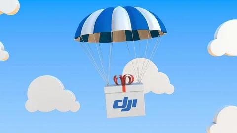 DJI logo on moving box moves under parachute. Editorial loopable 3D animation Stock Footage 123110807
