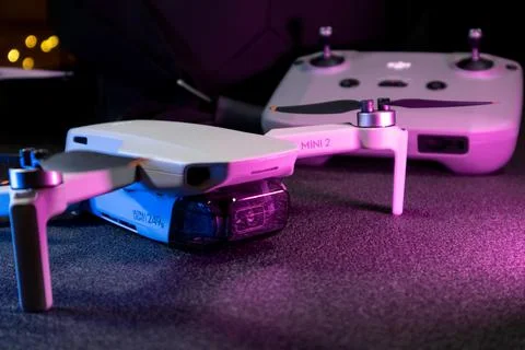 Dji Mini 2 new drone close-up with remote control Stock Photos