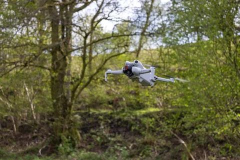 DJI Mini 4 Pro Hovering against a backdrop of trees Stock Photos