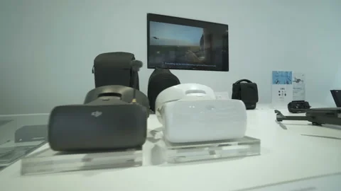 DJI store in HK. spark, tello, mavic, phantom. Showcases with gimbals, cameras Stock Footage 94365703
