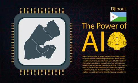 Djibout map with microchip war and AI concept on circuit board, Power of AI.. Ilustração Stock