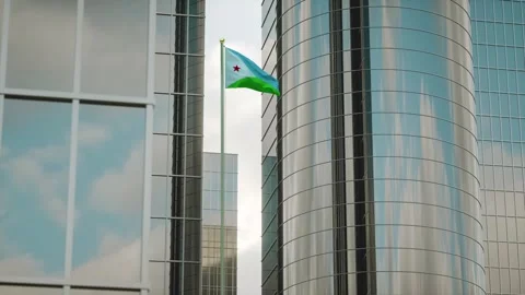 Djibouti Flag 3D Render Animation on Pole with City Buildings Stock-Footage 332886645
