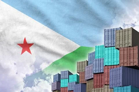 Djibouti flag and big stack of shipping cargo containers in docks with sky イラスト素材