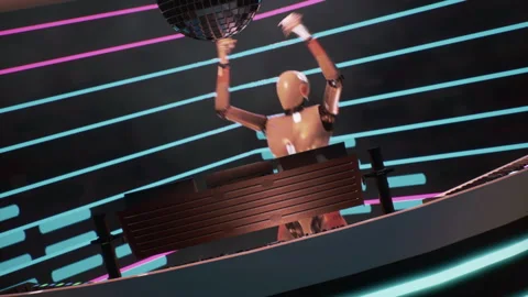 Djs Man Robot Pushing Knobs and dancing In A Night Club At A Party 04 库存影片 167761994