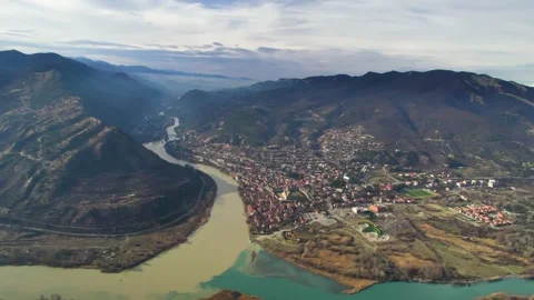 Djvari Monastery overlooking the confluence of the Aragvi and Mtkvari rivers. Stock Footage 271151375