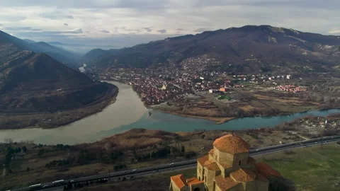 Djvari Monastery overlooking the confluence of the Aragvi and Mtkvari rivers. Stock Footage 271201595