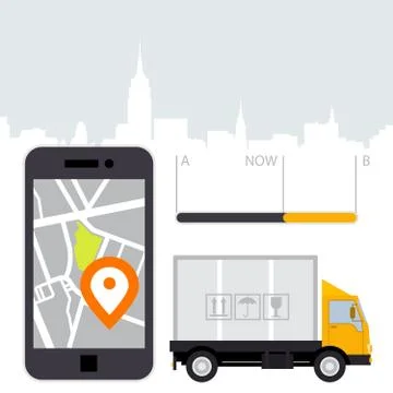 Dlivery of cargo - location tracker app and mobile gps navigation Stock Illustration