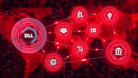 Dll dynamic link library concept on world map background cinematic footage Stock Footage 327762062