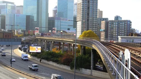 DLR train approaching East India station. The Docklands Light Railway, Car Stock Footage 125210433