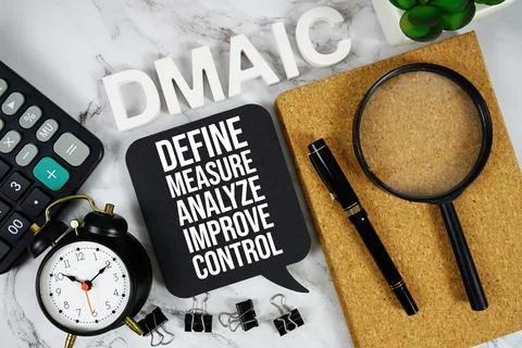 DMAIC - Define, Measure, Analyze, Improve, and Control acronym with calcula.. 写真素材