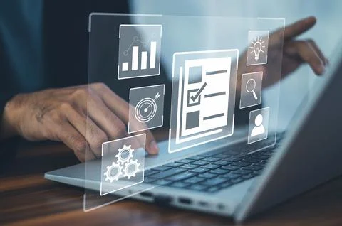 DMS is document management concept, Man using a computer to document manage.. Stock Photos