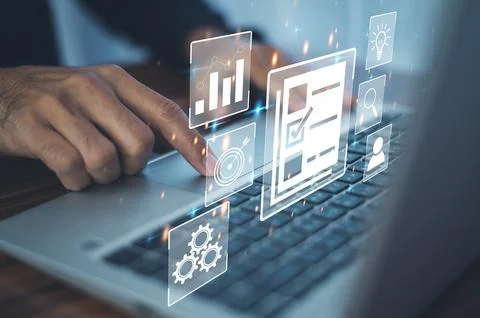DMS is document management concept, Man using a computer to document manage.. Stock Photos
