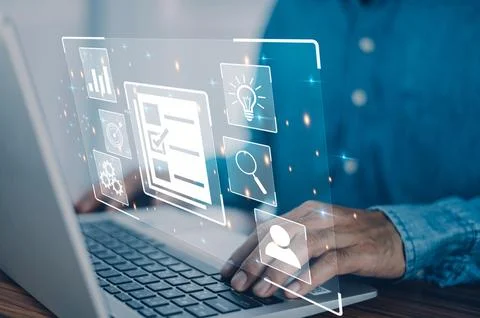 DMS is document management concept, Man using a computer to document manage.. Stock-Fotos