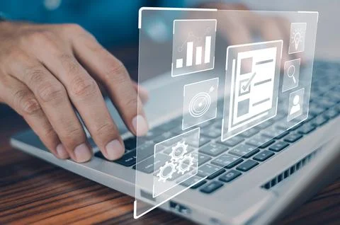 DMS is document management concept, Man using a computer to document manage.. Stock Photos