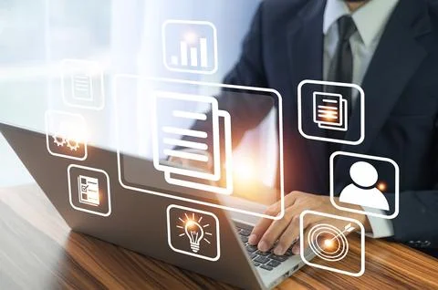 DMS document management concept, People  using computer to document managem.. Foto stock