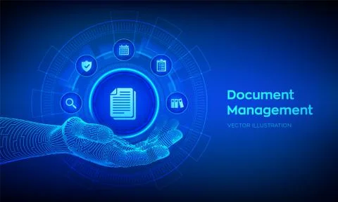 DMS. Document Management Data System. Document icon in robotic hand. Corporat Stock Illustration