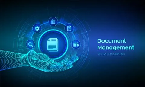 DMS. Document Management Data System. Document icon in robotic hand. Corporat Illustrazione stock
