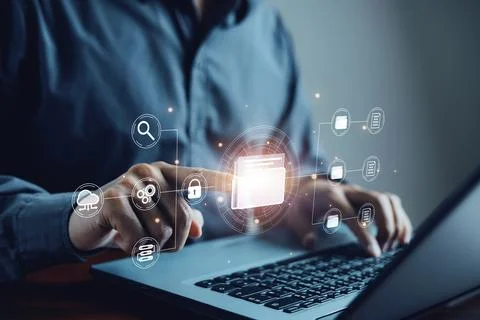 DMS document Management System, Businessman pointing folder icon to use techn Foto stock