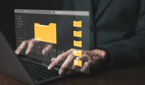 (DMS) Document management system concept. Businessman using computer to man.. Stock Photos