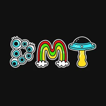DMT word,trippy psychedelic style letters.Vector hand drawn doodle cartoon Stock Illustration