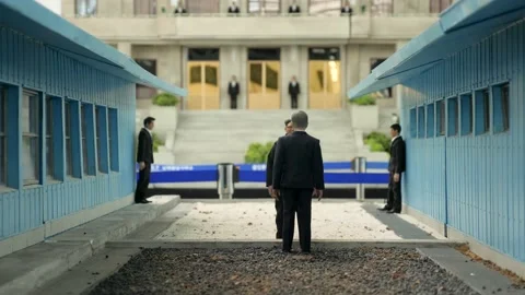 DMZ Joint Security Area with both South and North Korean presidents. Stockbeeldmateriaal 202357006