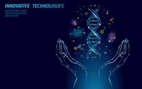 DNA 3D chemical molecule structure hands low poly. Polygonal triangle point line Stockillustratie