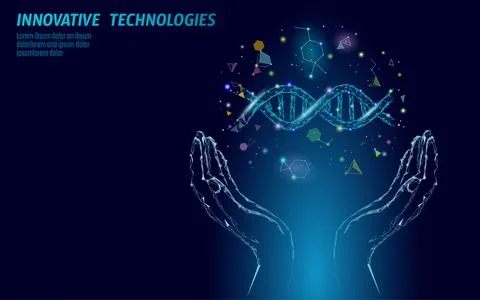 DNA 3D chemical molecule structure hands low poly. Polygonal triangle point line 库存插图