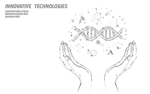 DNA 3D chemical molecule structure hands low poly. Polygonal triangle point 库存插图
