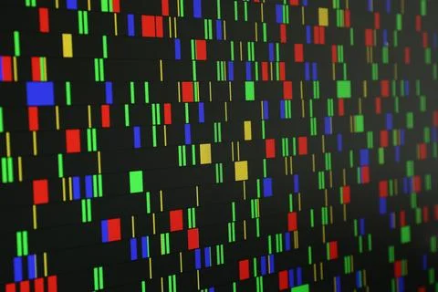 DNA analysis. Data with genetic information as background, closeup Stock Photos