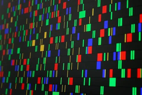 DNA analysis. Data with genetic information as background, closeup Stock Photos