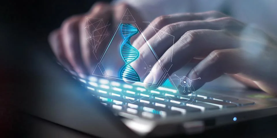 DNA analysis in the form of a projection in front of a laptop. Stock Illustration