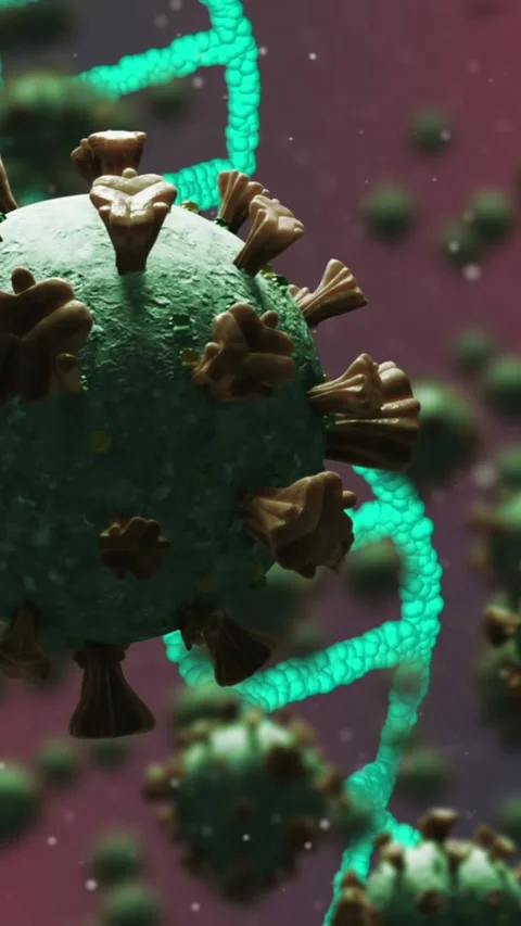 DNA and coronavirus bacteria flying over gradient background. Stock Footage 343641063