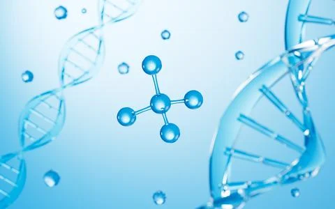 DNA and molecular structure in the blue background, 3d rendering. Illustrazione stock