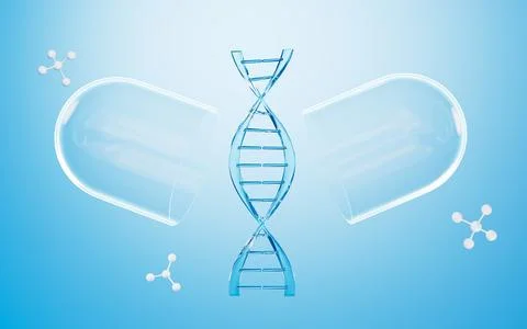 DNA and molecular structure in the blue background, 3d rendering. Illustrazione stock