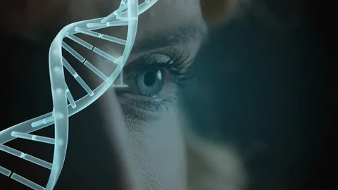 DNA animation with binary code on a close-up background of a blue eye Video stock 104947237