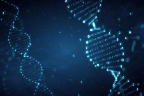 DNA from a binary code on a blue background with smoke 3d illustration 写真素材