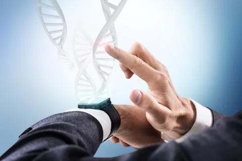 DNA chains flow from smart watch. 3d rendering Foto stock