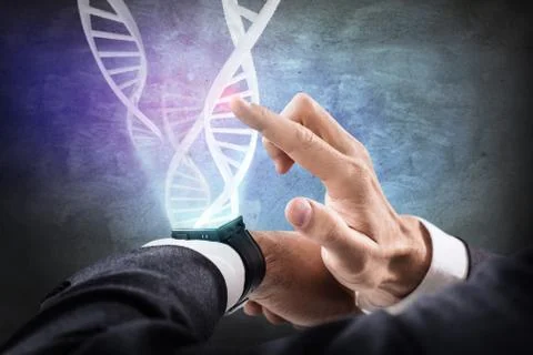 DNA chains flow from smart watch. 3d rendering Stock Photos