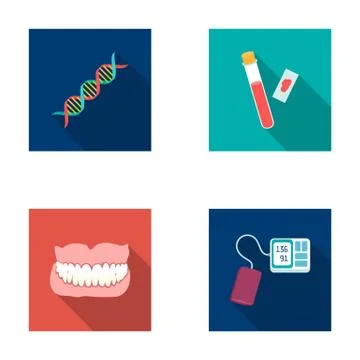 DNA code, blood test in vitro, denture, tonometer. Medicine set collection icons Stock Illustration