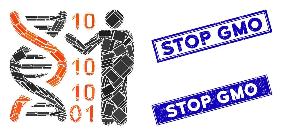 DNA Code Report Mosaic and Distress Rectangle Stop GMO Watermarks Stock Illustration