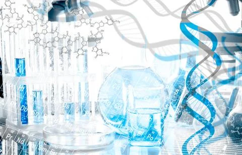 DNA collage DNA structure and formula over biotechnological equipment Copy... Fotos Stock