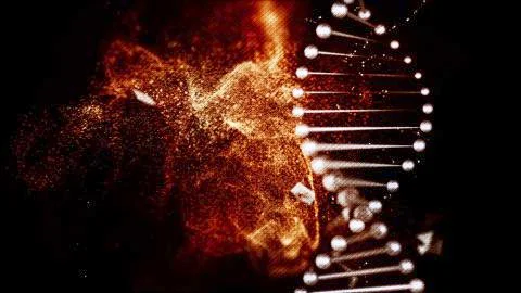 DNA distorted replica and a flow of orange particles on tha black background. Stock Illustration