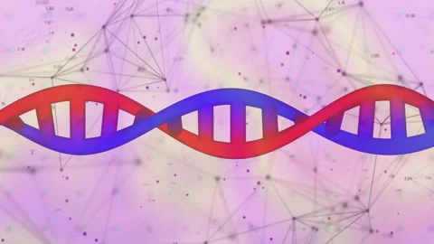 DNA double helix being visualized weaving through scene, with network nodes and Stock Footage 309287596