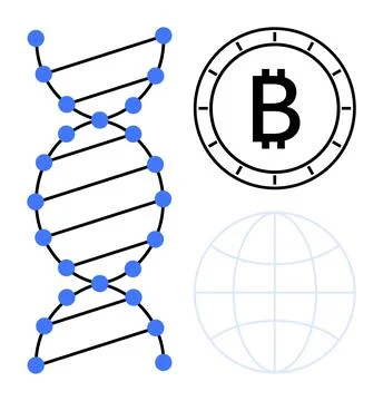 DNA double helix with blue dots, Bitcoin symbol in coin, and abstract globe o Stock Illustration
