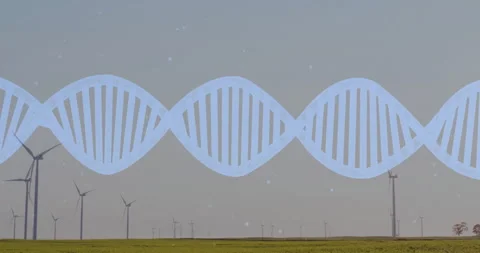 DNA double helix overlay stretching across grassy wind farm 3D render Stock Footage 307443931