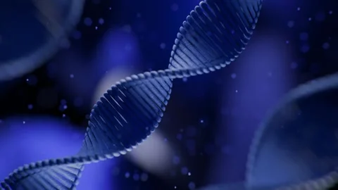 Dna Double Helix Rotating in Abstract Blue Biological Space with Floating Cells Vidéo 331109965