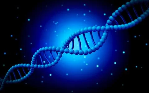DNA double helix structure and atoms on dark background with light, illustr.. 写真素材