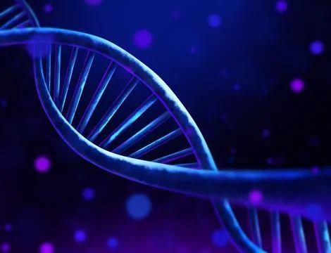 DNA double helix structure and atoms on dark background, illustration. Scie.. Stock Photos