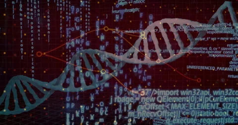 DNA double helix weaving through virtual red grid, glowing data points linking Stock Footage 309106097