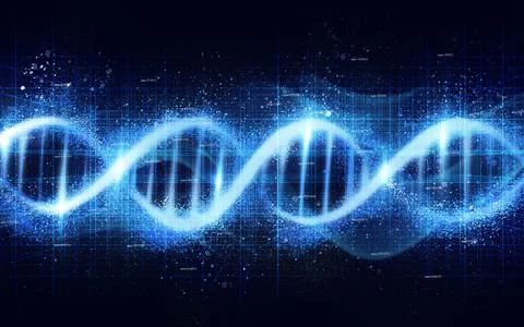 DNA, genetic code isolated on black background, science with neon blue light and Stockfoto's